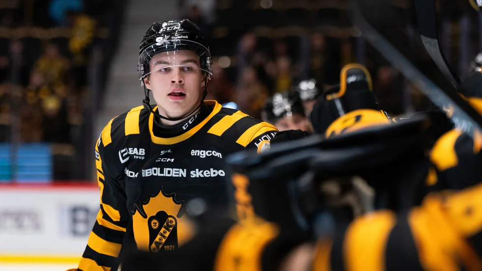 Axel Sandin Pellikka firar med laget efter att backen prickat in 1–1 mot Malmö Redhawks.