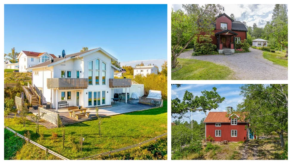 Veckans mest visade hus. Till vänster: Huset i Gertrudsvik. Övre lilla bilden, huset i Karlshult. Undre bilden: Huset på Garpedansberget.