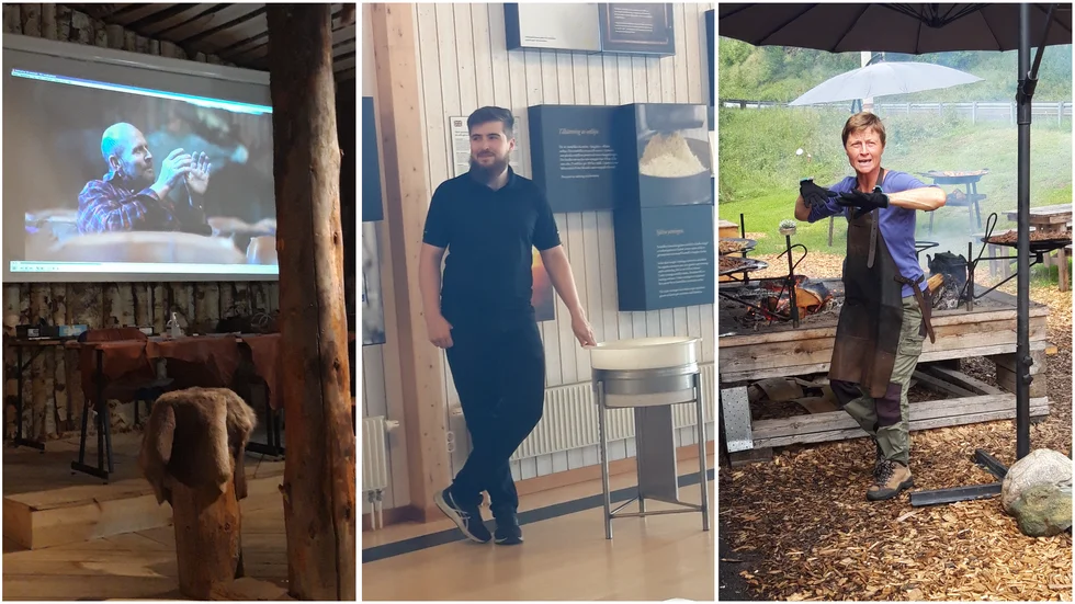 Marie-Line på Svansele Vildmarkscenter (längst till höger) hälsade välkommen och bjöd på en välsmakande lunch. Därefter visades en video där centrats grundare Torbjörn Holmlund berättade om "De fyra stora". I Burträsk tog Mårten emot på och Ostens hus och berättade om Västerbottensostens historik (mitten).