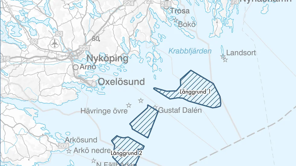 Planen var att Långgrund skulle ligga på det markerade området utanför den sörmländska och östgötska kusten.