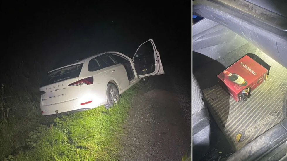 I den dikeskörda bilen låg den här boxen med vin.