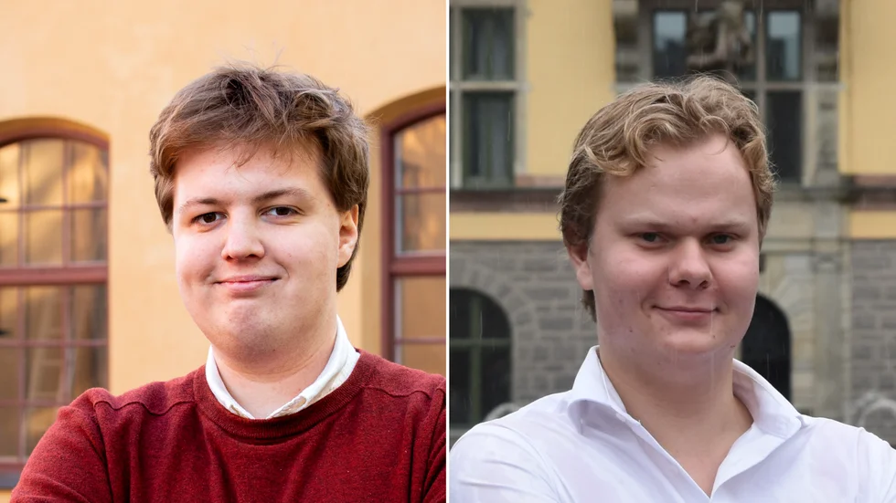 Jonathan Törnstrand, till vänster, är ordförande i LUF Sörmland och Elias Nyqvist, ledamot i MUF Södermanland.