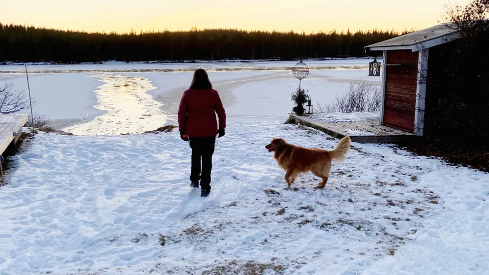 Rännan i isen som räddningstjänsten gjorde syns längst bort i bild. 