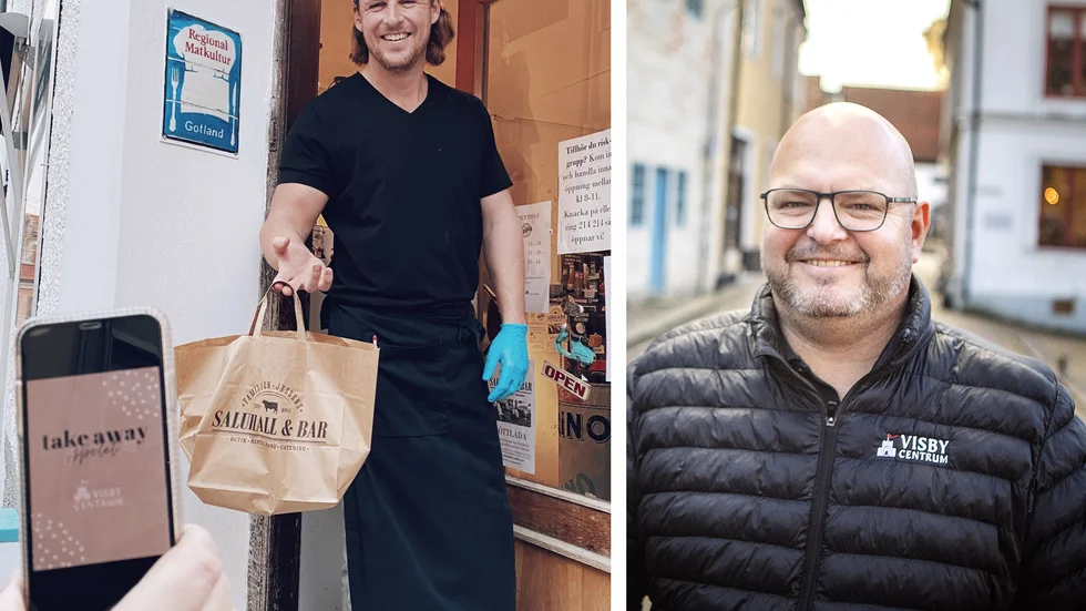 Det är för tidigt att dra någon slutsats om effekterna för varje verksamhet men förhoppningsvis gör det lite skillnad, säger Visby Centrum-ledaren Magnus Olsson, till höger i bild. Till vänster Peder Jessen, krögare i Visby. 