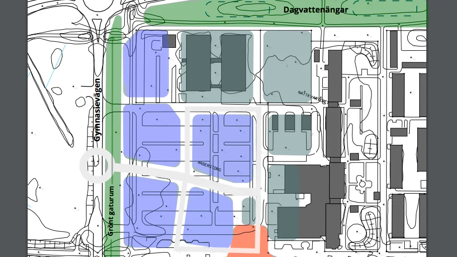 Fem nya kvarter planeras på kommunens mark, markerat med lila. Gråblå rutor visar ställen där bolag kan få bygga eller bygga ut. Befintliga hus är mörkgrå exempelvis Tipshuset. Orange: Nytt torg.