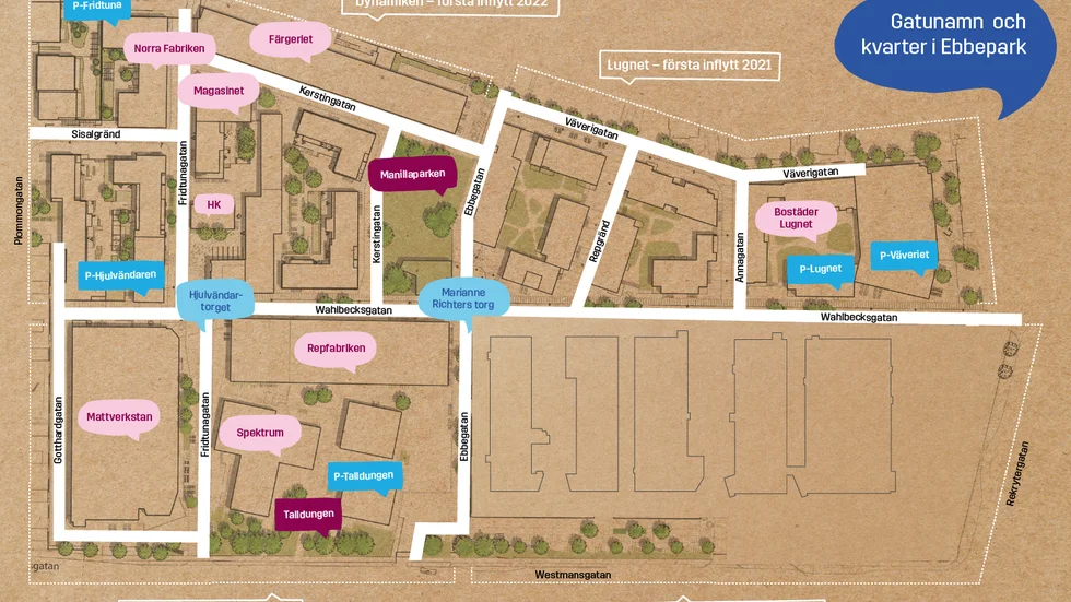 Gatunamnen i Ebbepark får namn från fabrikstiden och från släkten Wahlbeck som grundade och drev fabriken.