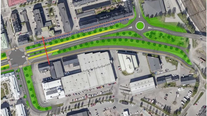 Södra hamnleden på sträckan mellan Kungsgatan och Prästgatan. En ny rondell anläggs för att mata trafik till Prästgatan. Busskörfält är gulmarkerade.