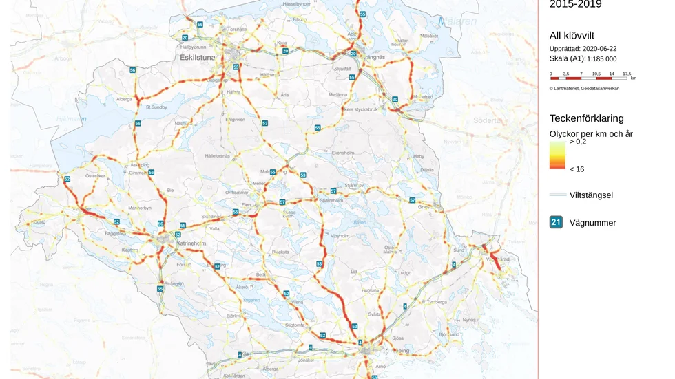 På de röda sträckorna sker de flesta viltolyckorna. Underlaget sträcker sig fram till 2019, men de mer frekventa olycksstråken förändras inte så mycket över tid.