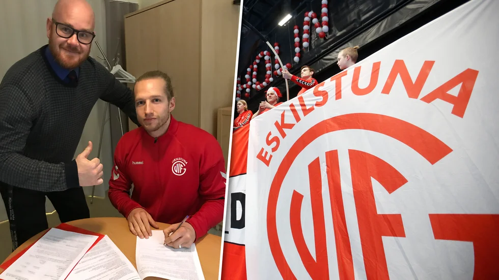 Daniel Wigö är tillbaka i Guifs röda tröja. Här skriver han på kontraktet och klubbens herransvarige Robert Österhall tycks nöjd med det.