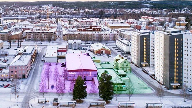 Gröna området ska köpas av HSB och bebyggas med cirka 70 bostadsrätter. Rosa området blir kvar i Skebos ägo.