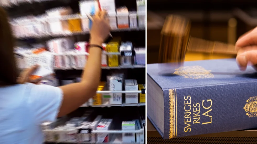 Mannen plockade på sig tabletter från hyllorna på ett apotek i Enköping. Genrebilder.