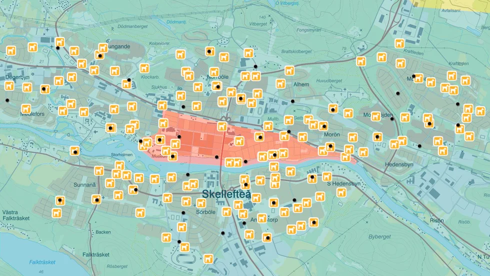 Här ser man alla dagens latriner i Skellefteå, och svart prick visar var det ska vara hundlatriner i framtiden. Alla som saknar en prick ska alltså bort. 
