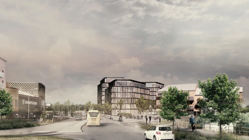Vy längs Vaksalagatan österut med planerad ny bebyggelse till höger. Exakt utseende bestäms senare.