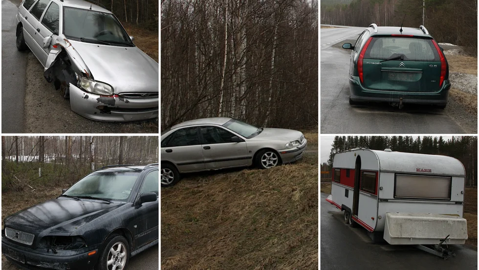 Skrotbilarna står parkerade på parkeringsfickor och anslutande skogsvägar. Ingen av dem har något registreringsskylt kvar.