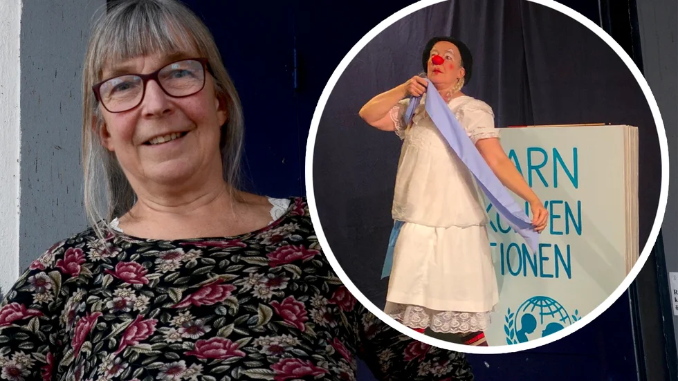 Karin Fichtelius spelar clownen "Ottilia" som lär barn om deras rättigheter. 
