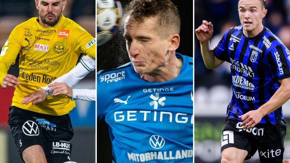 Andreas Bengtsson (t v) och hans Mjällby har det det bästa spelprogrammet av de lag som riskerar att få kvala. Halmstad, här med Kadir Hodzic, har ett svårt schema kvar och Jacob Ortmarks Sirius ligger någonstans mittemellan.