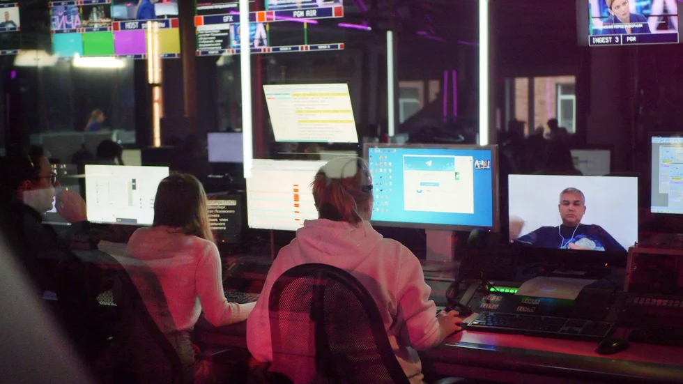 Kontrollrummet på tv-kanalen Dozjd, Moskva.