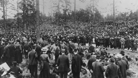 Demokratin är resultatet av att människor i nya sammanhang organiserat sig mot upplevda orättvisor och i den processen lärt sig demokratins hantverk i praktiken. Bilden är från Storstrejken 1909. Konflikt mellan LO och SAF. Folkmassor i Liljanskogen.