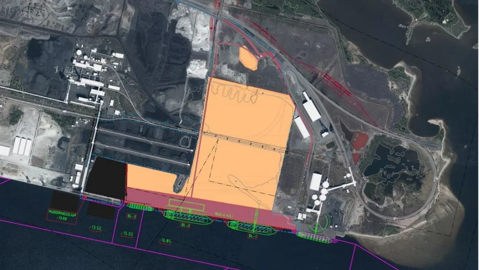 Projekt Malmporten med en 1068 meter lång kaj, rödmarkerad. Nuvarande vattenbassängen Skvampen kommer att fyllas igen med muddermassor.