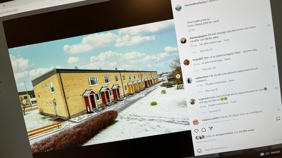 En uppmärksam "Hemnetknarkare" noterade att molnen i en mäklarannons för en lägenhet i Västervik var exakt densamma på alla bilder. Inlägget har fått 480 kommentarer och över 27000 gillanden, på Instagramkontot "Hemnetknarkarna".