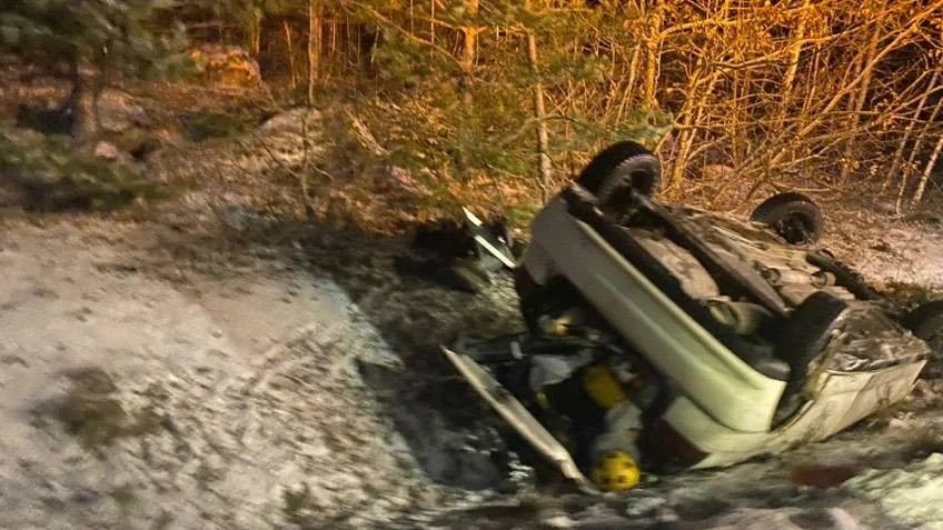 En bil hamnade i diket och voltade.