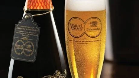 This product image courtesy of Infinium shows a bottle and glass of Infinium. A collaboration between Samuel Adams and Germanys Weihenstephan Brewery, Infinium comes in a Champagne-style bottle with foil cover and the traditional popping cork. Its even partially fermented in the bottle, although not in exactly the same way as Champagne.  (AP Photo/Infinium) NO SALES