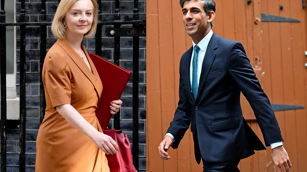 Montage av Torypolitikerna Liz Truss och Rishi Sunak som nu strider om partiledarposten i Konservativa partiet.