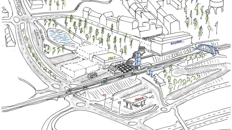 Skiss över det område som samhällsbyggnadskontorets mark- och exploateringsenhet vill ha en ny detaljplan för.