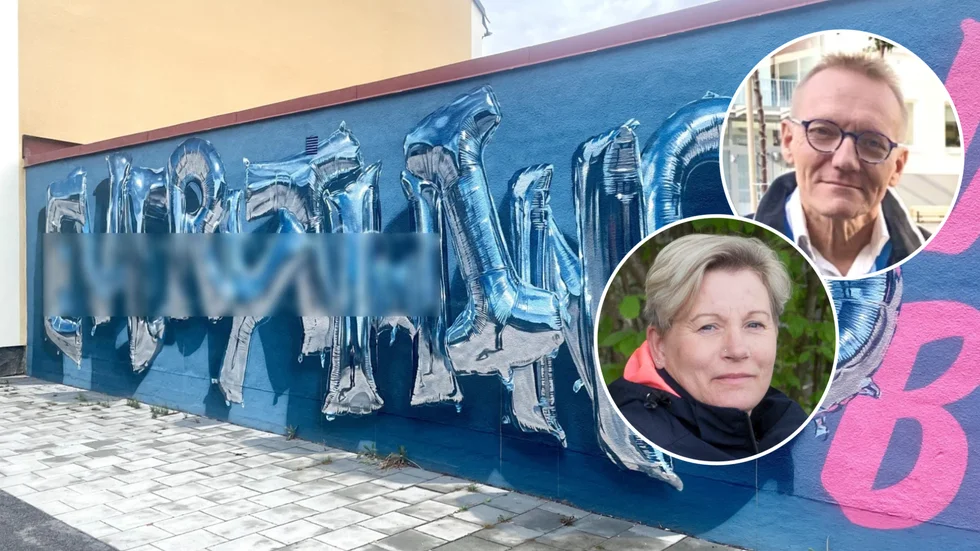 Muralmålningen på Kungsgatan har blivit vandaliserad. Tidningen har valt att blurra klottret. På bild syns också Joha Frondelius (KD) och Anneli Hedberg (S). 