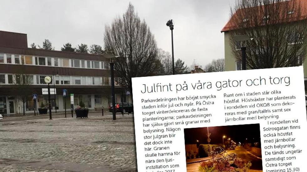 I bakgrunden syns Östra torget i på första advent. Infällt finns informationen om varför det inte står någon gran på torget i år.