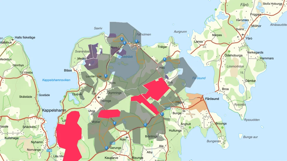De mörka områdena, inklusive de lila, visar var nationalparken föreslås ligga. De röda områden visar den mark som SGU pekat ut som riksintresse för mineralbrytning. Med en buffertzon mellan kalkbrytning och nationalpark är det möjligt att samexistera, tror Swemin.