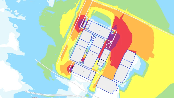 Det här är en bild ur bulleranalysen som visar ljudkällorna vid Northvolt Ett. Vid de lilafärgade områdena är ljuden kraftigast.