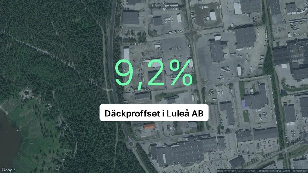 Illustrationen visar rörelsemarginalen för Däckproffset i Luleå för det senaste året. Bakgrunden är en satellitbild över företagets adress.