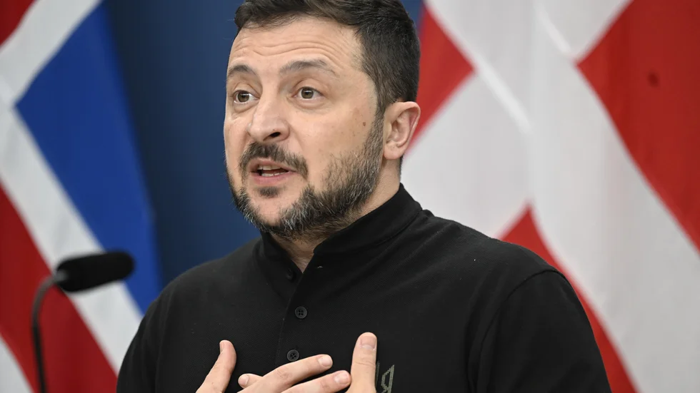 Ukrainas president Volodomyr Zelenskyj under en presskonferens i Stockholm.
