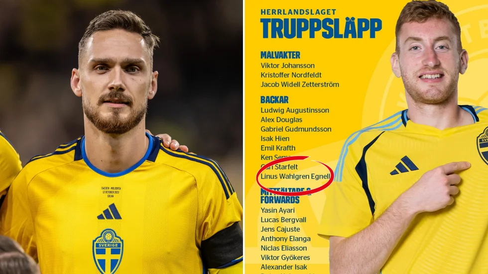 Förre IFK-spelaren Linus Wahlqvist Egnell uppskriven med fel namn på herrlandslagets trupplista (Skärmbild från SvFF:s X-konto).