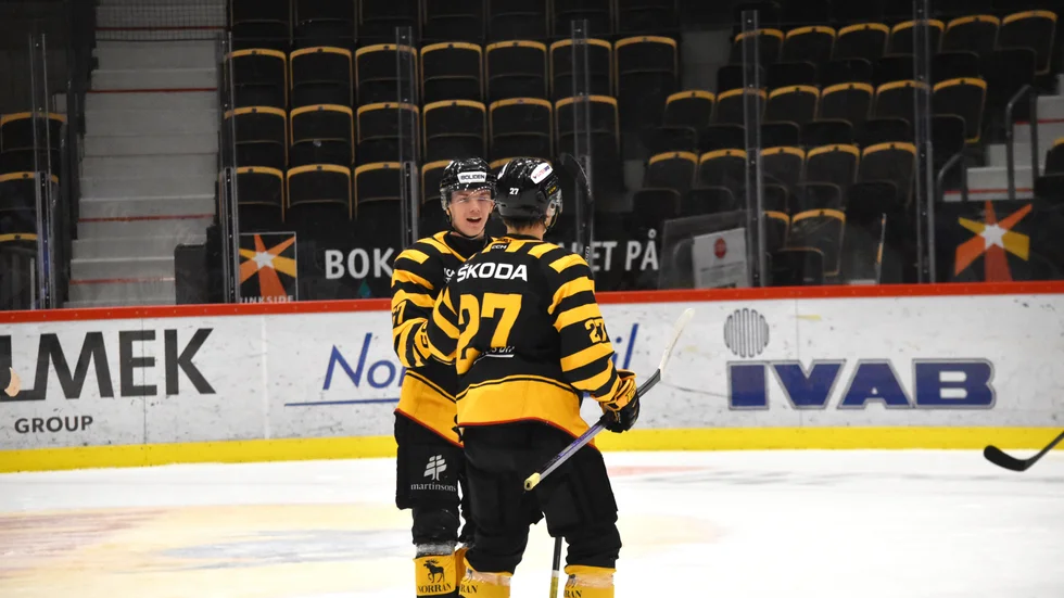 Vännerna och rumskamraterna Leo Sundqvist och Oskar Vuollet firar ett av Skellefteå AIK:s alla mål under helgen.