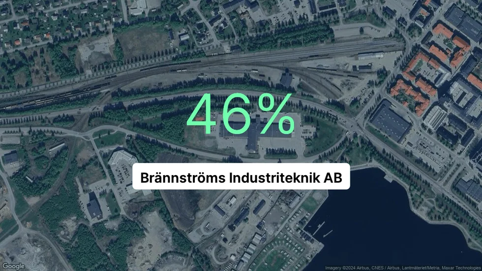 Illustrationen visar rörelsemarginalen för Brännströms Industriteknik för det senaste året. Bakgrunden är en satellitbild över företagets adress.