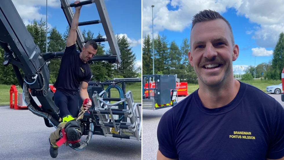 Brandmannen Pontus Nilsson i Strängnäs testar brandmansövningen som blivit viral på sociala medier. 