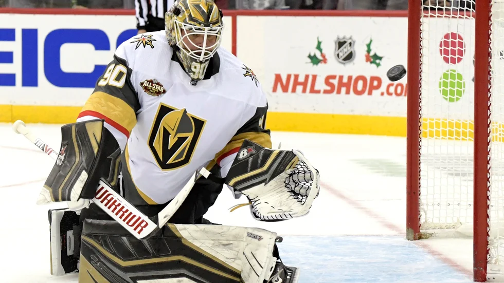 Vegas-målvakten Robin Lehner i matchen mot New Jersey där han blev utvisad.
