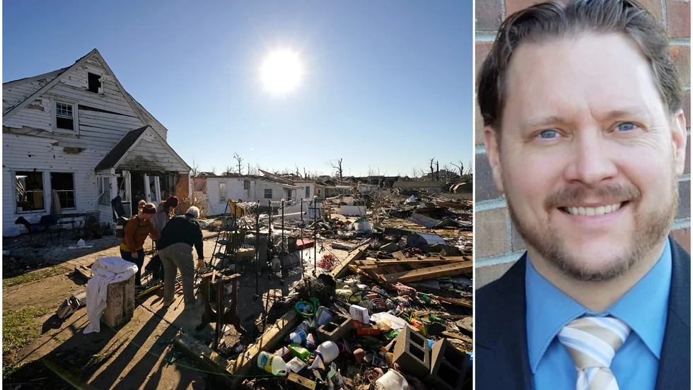 Gustav Pousette lider med de drabbade efter tornadons framfart i fredags. Till vänster en bild från Mayfield, en stad som krossades av de starka vindbyarna.