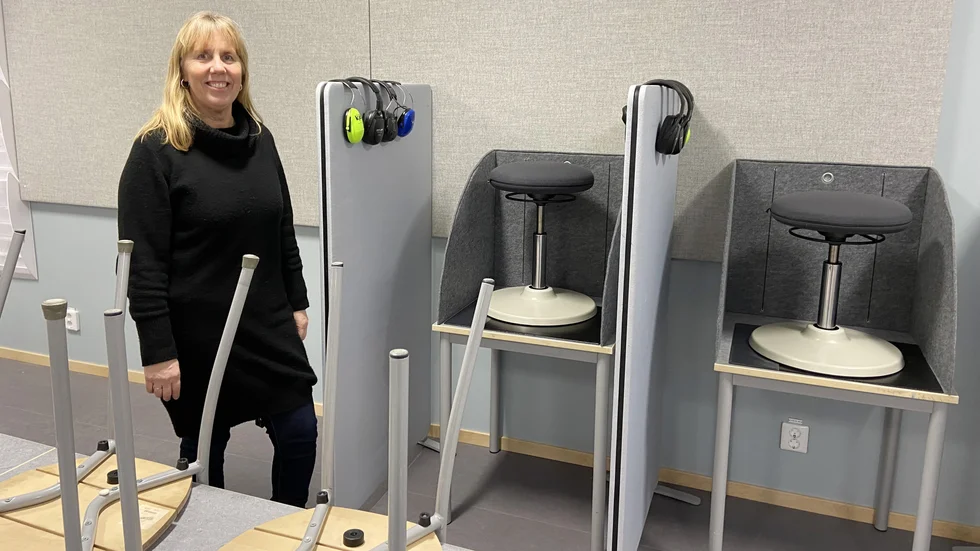 Malin Willix är rektor på Skogsängsskolan i Eskilstuna. I det här klassrummet finns bland annat avskilda platser för elever som behöver lite mer lugn och ro. Alla klassrum i nya skolbyggnaden har även ett tillhörande grupprum.