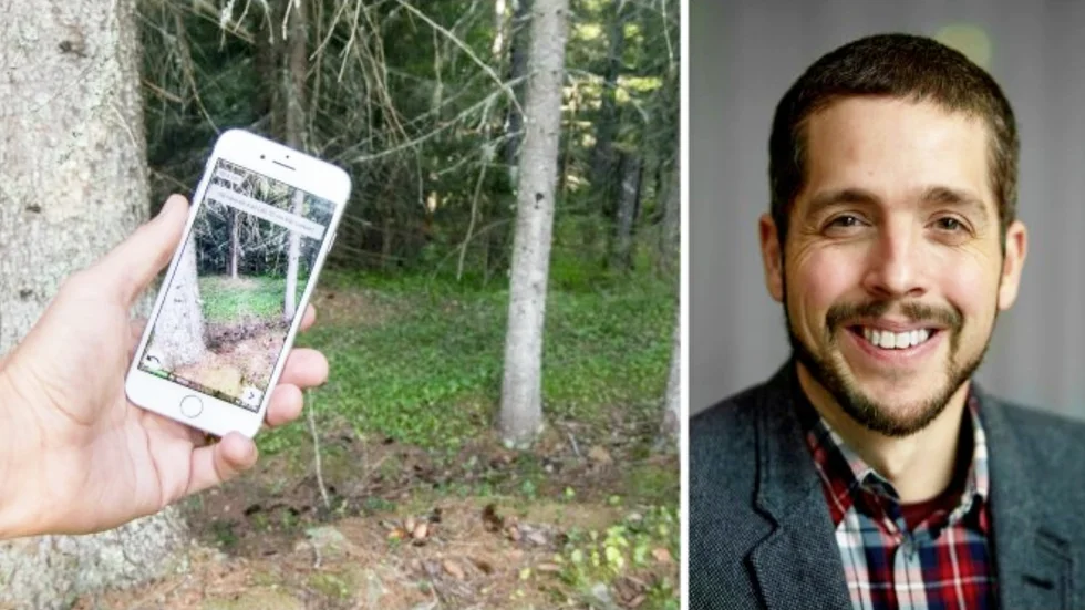 Arboreal Trädhöjd använder telefonens kamera och interna sensorer för att bygga upp en 3D-miljö där användaren kan mäta trädens höjd. På bilden även Arboreals grundare och vd Johan Ekenstedt.