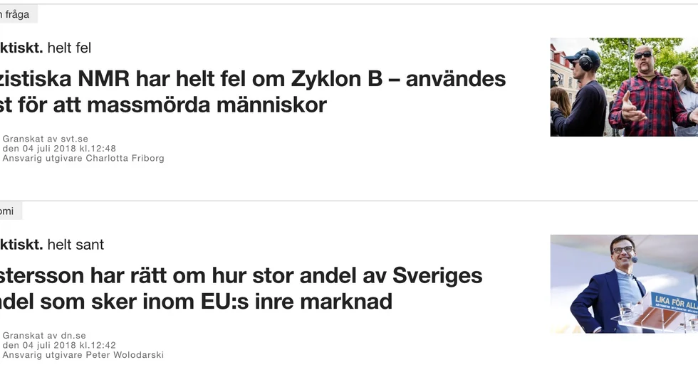 På faktiskt.se blandas granskningar av dagsaktuella, politiska frågor med bemötanden av påståenden från förintelseförnekare.