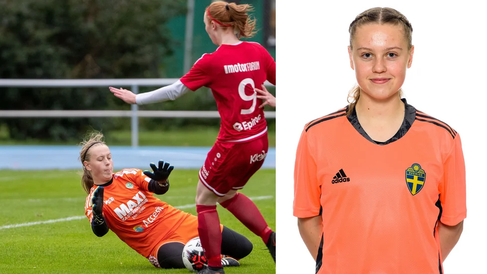 Agnes Vilen när hon räddar ett friläge för ESK och från den officiella landslagsfotograferingen under landslagssamlingen.