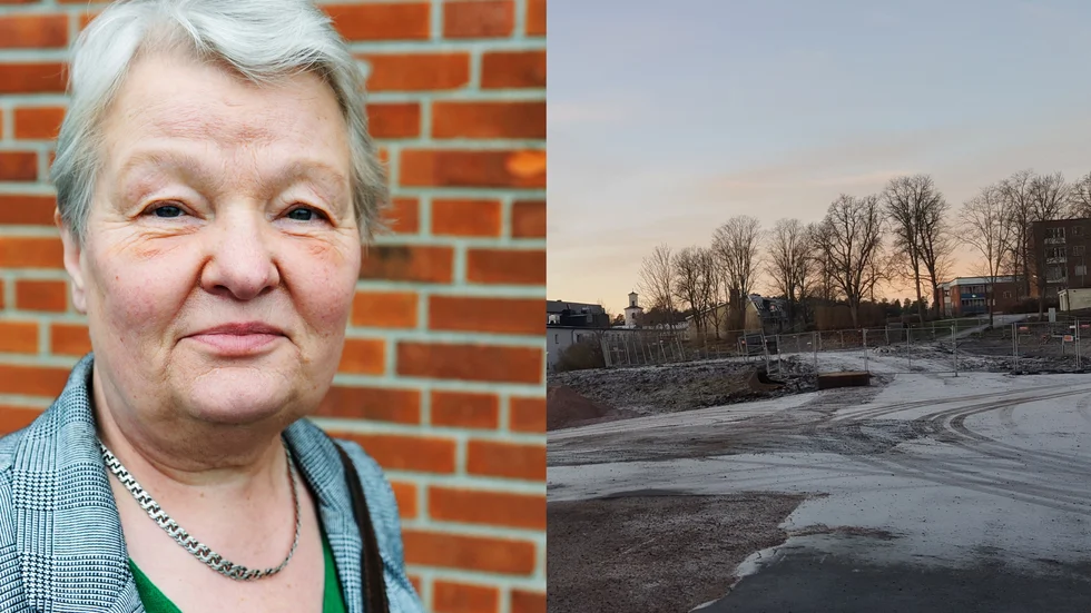 Socialnämndens ordförande Ingela Svensson (C). Till höger platsen där det nya särskilda boendet ska byggas i Gamleby.