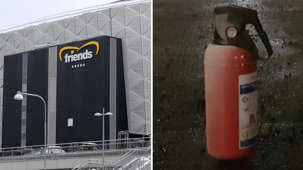 Supportrar kastade saker mot poliser på Friends arena, bland annat en brandsläckare. Arkivbilder.