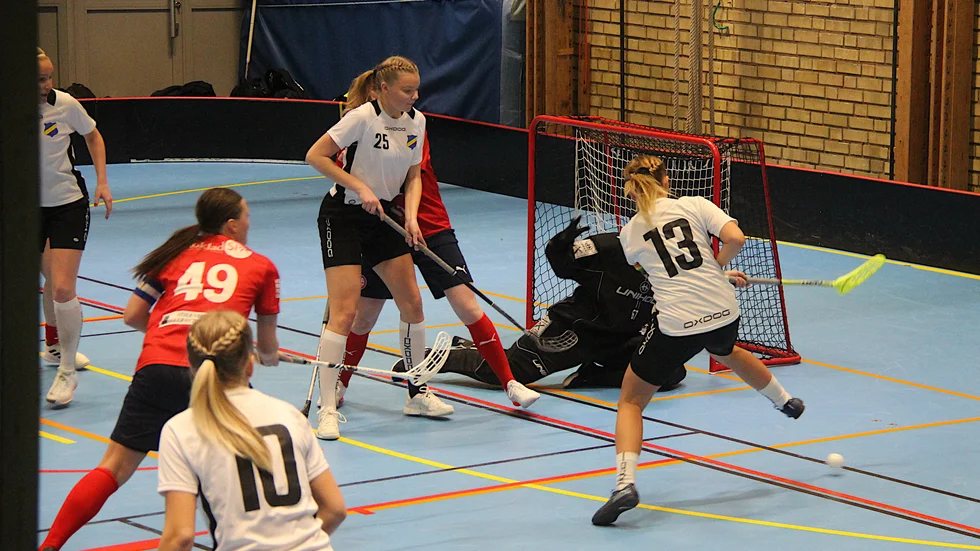 EIBK låg på för en kvittering, men Frötuna lyckades hålla undan till en 5-4-seger. Ida Nyholm (13), Emma Carlsson (10) och Julia Brundell (25) attackerar.