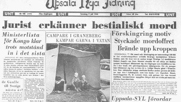 Så här såg förstasidan ut när det som senare kom att bli känt som "kakelugnsmordet" först uppdagades.