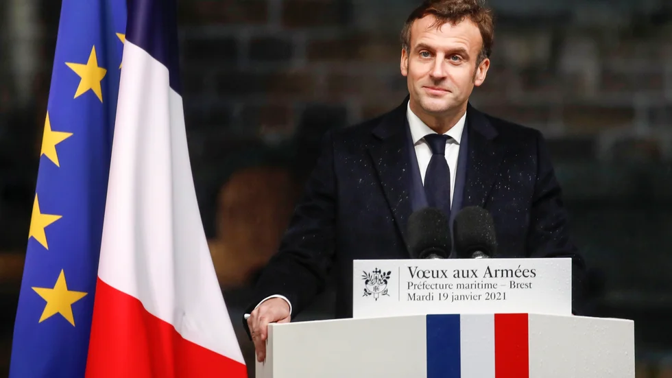 Frankrikes president Emmanuel Macron vid en flottövning i Brest i Frankrike. Arkivbild.