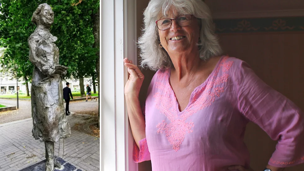 Statyn i Vasastan föreställer Elin Wägner när hon håller ett föredrag på Fogelstad. Tjia Torpe är glad över en mindre staty som ska placeras vid Lilla Ulfåsa.